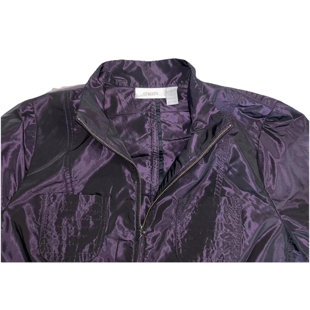 Chicos Jacket Womens Metallic Purple LightWeight Full Zip Pockets Sz Med (1)